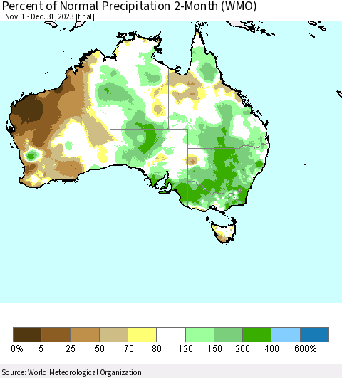 Australia Percent of Normal Precipitation 2-Month (WMO) Thematic Map For 11/1/2023 - 12/31/2023
