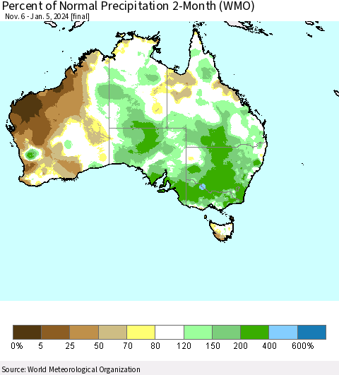 Australia Percent of Normal Precipitation 2-Month (WMO) Thematic Map For 11/6/2023 - 1/5/2024