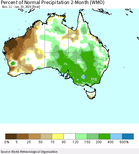 Australia Percent of Normal Precipitation 2-Month (WMO) Thematic Map For 11/11/2023 - 1/10/2024