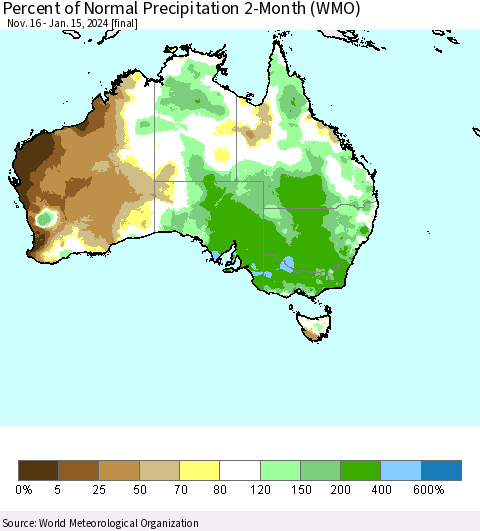 Australia Percent of Normal Precipitation 2-Month (WMO) Thematic Map For 11/16/2023 - 1/15/2024