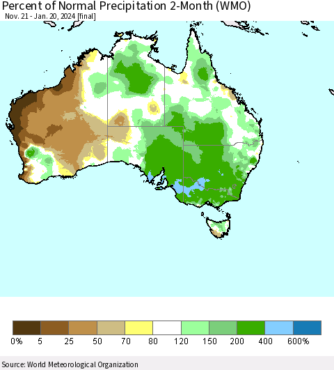Australia Percent of Normal Precipitation 2-Month (WMO) Thematic Map For 11/21/2023 - 1/20/2024