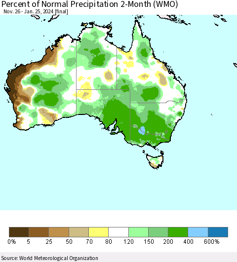 Australia Percent of Normal Precipitation 2-Month (WMO) Thematic Map For 11/26/2023 - 1/25/2024