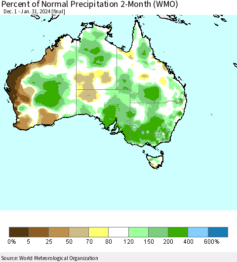 Australia Percent of Normal Precipitation 2-Month (WMO) Thematic Map For 12/1/2023 - 1/31/2024