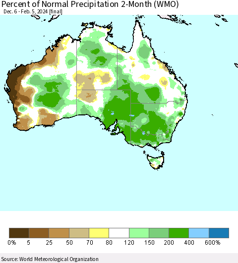 Australia Percent of Normal Precipitation 2-Month (WMO) Thematic Map For 12/6/2023 - 2/5/2024