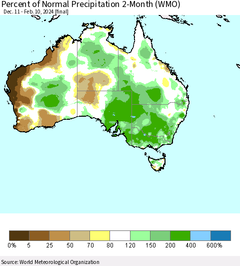 Australia Percent of Normal Precipitation 2-Month (WMO) Thematic Map For 12/11/2023 - 2/10/2024
