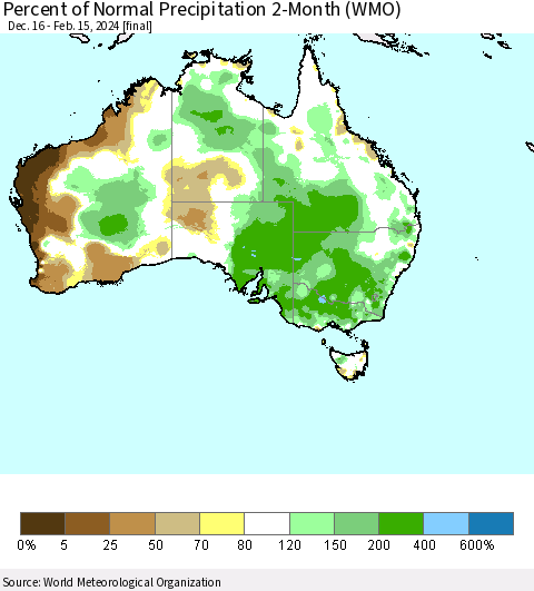 Australia Percent of Normal Precipitation 2-Month (WMO) Thematic Map For 12/16/2023 - 2/15/2024