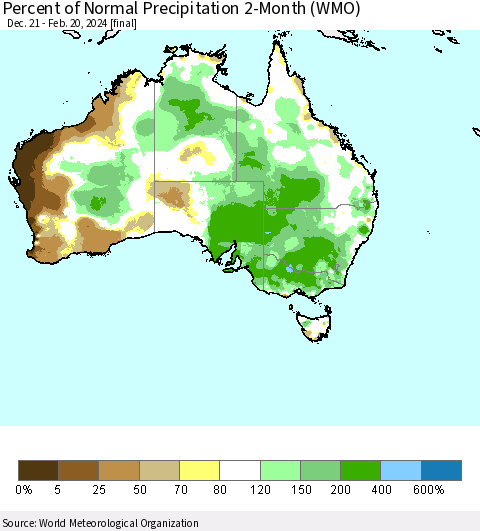 Australia Percent of Normal Precipitation 2-Month (WMO) Thematic Map For 12/21/2023 - 2/20/2024