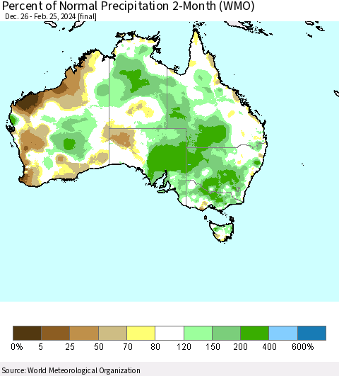 Australia Percent of Normal Precipitation 2-Month (WMO) Thematic Map For 12/26/2023 - 2/25/2024