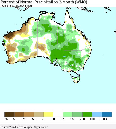 Australia Percent of Normal Precipitation 2-Month (WMO) Thematic Map For 1/1/2024 - 2/29/2024