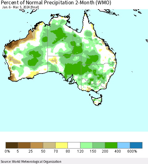 Australia Percent of Normal Precipitation 2-Month (WMO) Thematic Map For 1/6/2024 - 3/5/2024