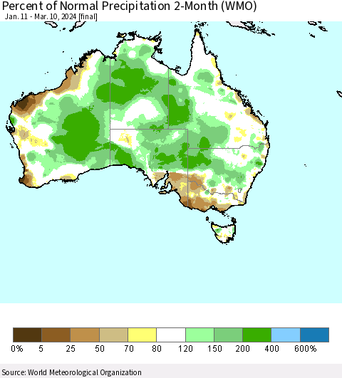 Australia Percent of Normal Precipitation 2-Month (WMO) Thematic Map For 1/11/2024 - 3/10/2024