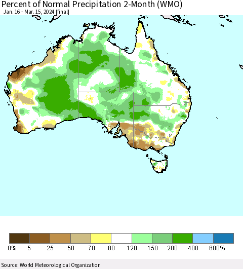 Australia Percent of Normal Precipitation 2-Month (WMO) Thematic Map For 1/16/2024 - 3/15/2024