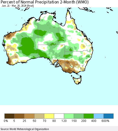 Australia Percent of Normal Precipitation 2-Month (WMO) Thematic Map For 1/21/2024 - 3/20/2024