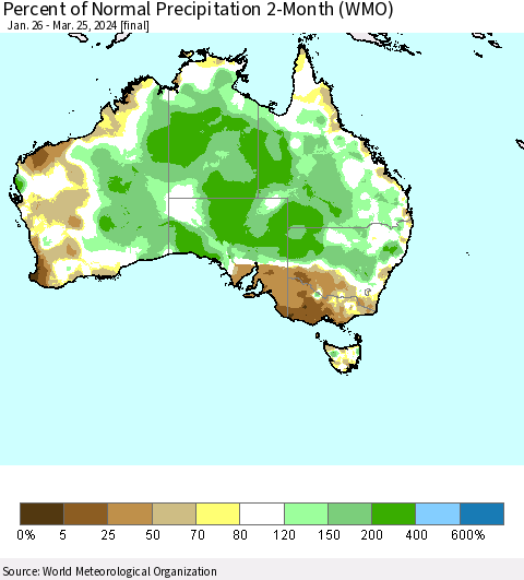 Australia Percent of Normal Precipitation 2-Month (WMO) Thematic Map For 1/26/2024 - 3/25/2024