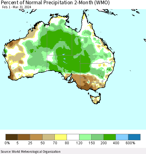 Australia Percent of Normal Precipitation 2-Month (WMO) Thematic Map For 2/1/2024 - 3/31/2024