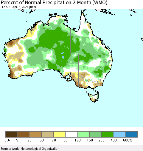 Australia Percent of Normal Precipitation 2-Month (WMO) Thematic Map For 2/6/2024 - 4/5/2024