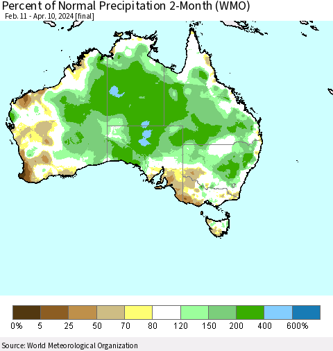 Australia Percent of Normal Precipitation 2-Month (WMO) Thematic Map For 2/11/2024 - 4/10/2024