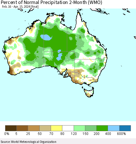Australia Percent of Normal Precipitation 2-Month (WMO) Thematic Map For 2/16/2024 - 4/15/2024
