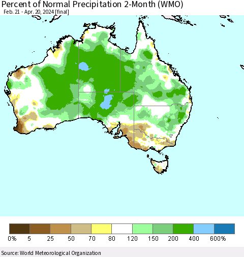 Australia Percent of Normal Precipitation 2-Month (WMO) Thematic Map For 2/21/2024 - 4/20/2024