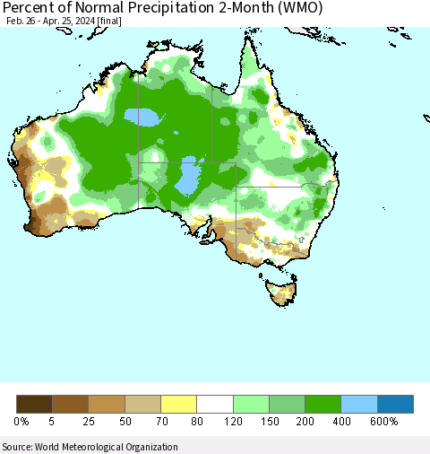 Australia Percent of Normal Precipitation 2-Month (WMO) Thematic Map For 2/26/2024 - 4/25/2024
