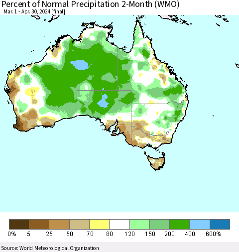 Australia Percent of Normal Precipitation 2-Month (WMO) Thematic Map For 3/1/2024 - 4/30/2024