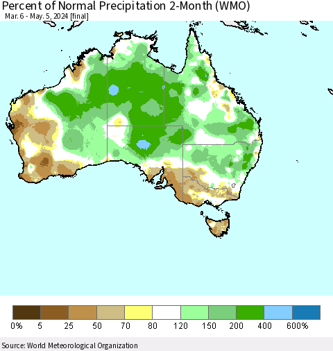 Australia Percent of Normal Precipitation 2-Month (WMO) Thematic Map For 3/6/2024 - 5/5/2024