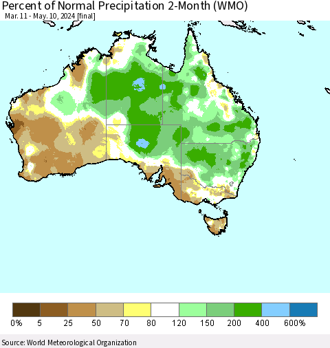 Australia Percent of Normal Precipitation 2-Month (WMO) Thematic Map For 3/11/2024 - 5/10/2024