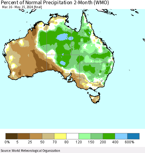Australia Percent of Normal Precipitation 2-Month (WMO) Thematic Map For 3/16/2024 - 5/15/2024