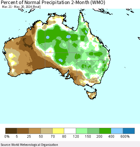 Australia Percent of Normal Precipitation 2-Month (WMO) Thematic Map For 3/21/2024 - 5/20/2024