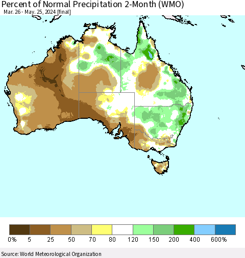 Australia Percent of Normal Precipitation 2-Month (WMO) Thematic Map For 3/26/2024 - 5/25/2024