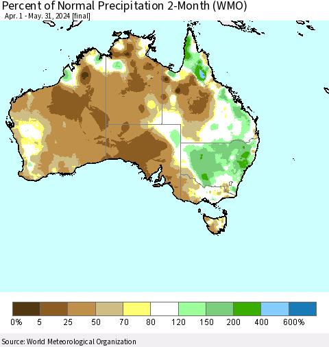 Australia Percent of Normal Precipitation 2-Month (WMO) Thematic Map For 4/1/2024 - 5/31/2024