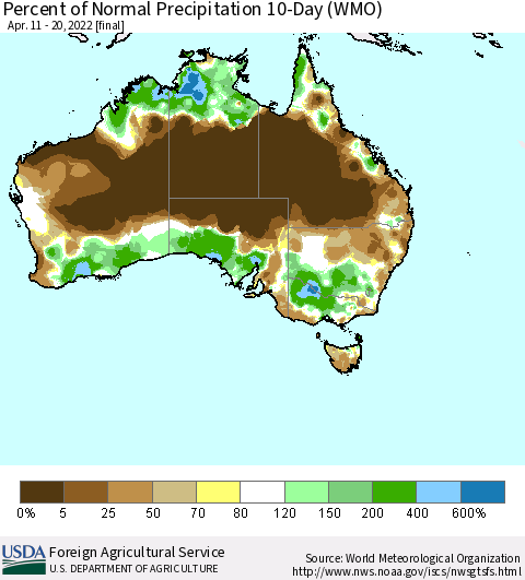 Australia Percent of Normal Precipitation 10-Day (WMO) Thematic Map For 4/11/2022 - 4/20/2022