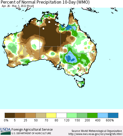 Australia Percent of Normal Precipitation 10-Day (WMO) Thematic Map For 4/26/2022 - 5/5/2022
