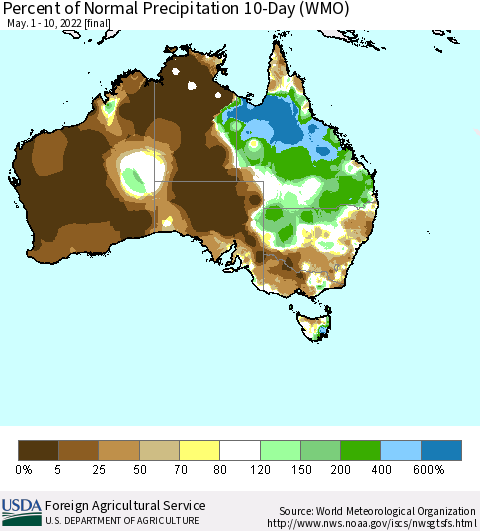 Australia Percent of Normal Precipitation 10-Day (WMO) Thematic Map For 5/1/2022 - 5/10/2022