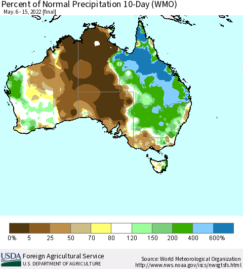 Australia Percent of Normal Precipitation 10-Day (WMO) Thematic Map For 5/6/2022 - 5/15/2022