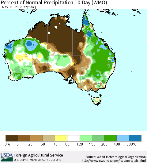 Australia Percent of Normal Precipitation 10-Day (WMO) Thematic Map For 5/11/2022 - 5/20/2022