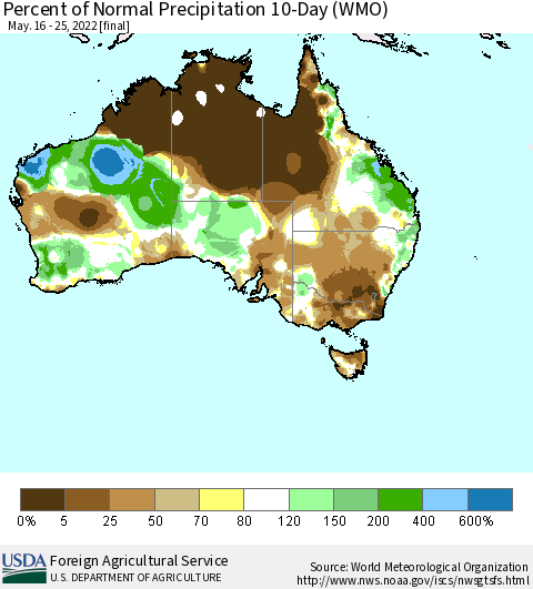 Australia Percent of Normal Precipitation 10-Day (WMO) Thematic Map For 5/16/2022 - 5/25/2022