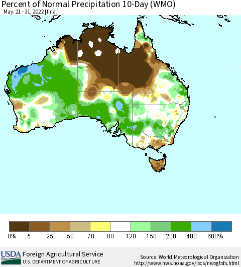 Australia Percent of Normal Precipitation 10-Day (WMO) Thematic Map For 5/21/2022 - 5/31/2022