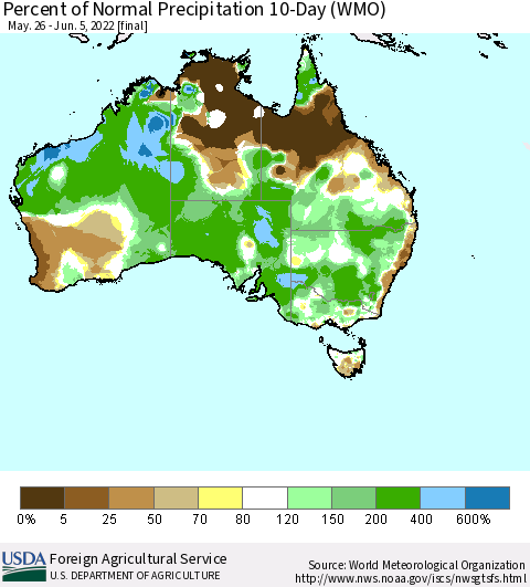 Australia Percent of Normal Precipitation 10-Day (WMO) Thematic Map For 5/26/2022 - 6/5/2022