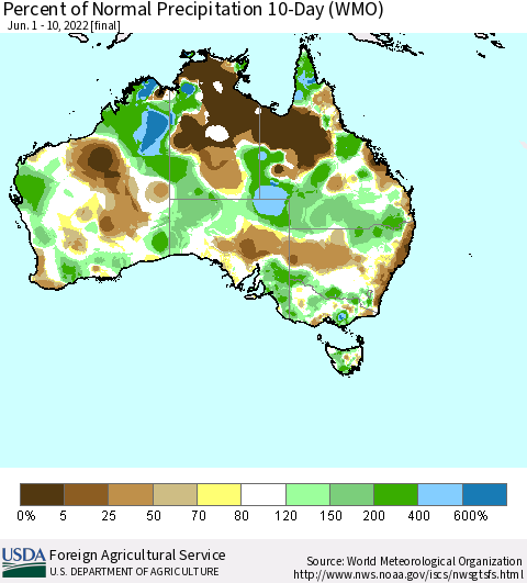 Australia Percent of Normal Precipitation 10-Day (WMO) Thematic Map For 6/1/2022 - 6/10/2022