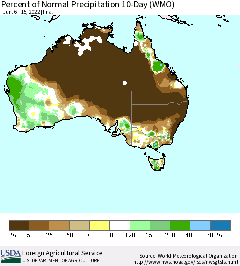 Australia Percent of Normal Precipitation 10-Day (WMO) Thematic Map For 6/6/2022 - 6/15/2022