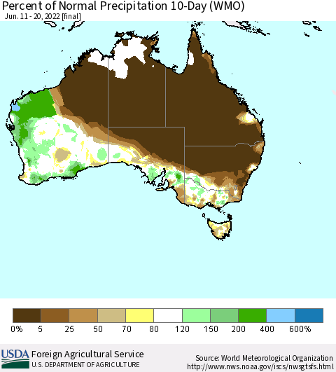 Australia Percent of Normal Precipitation 10-Day (WMO) Thematic Map For 6/11/2022 - 6/20/2022