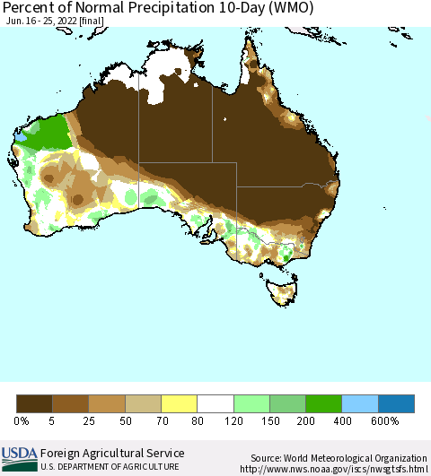Australia Percent of Normal Precipitation 10-Day (WMO) Thematic Map For 6/16/2022 - 6/25/2022