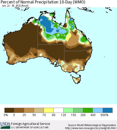 Australia Percent of Normal Precipitation 10-Day (WMO) Thematic Map For 6/21/2022 - 6/30/2022
