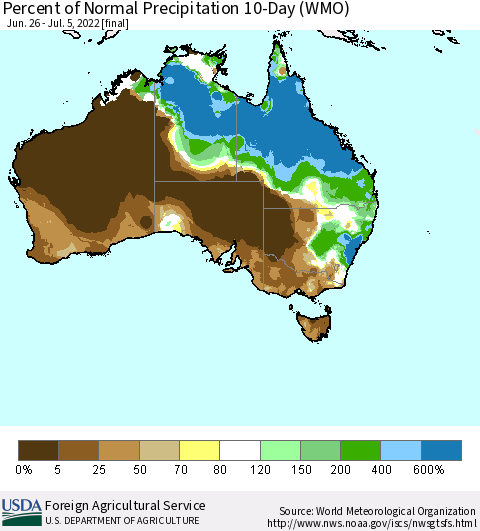 Australia Percent of Normal Precipitation 10-Day (WMO) Thematic Map For 6/26/2022 - 7/5/2022