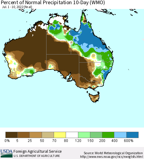 Australia Percent of Normal Precipitation 10-Day (WMO) Thematic Map For 7/1/2022 - 7/10/2022