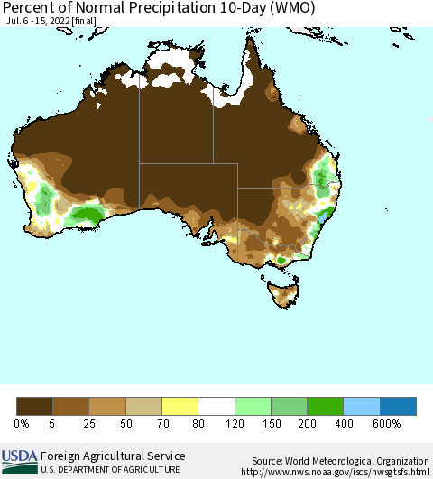 Australia Percent of Normal Precipitation 10-Day (WMO) Thematic Map For 7/6/2022 - 7/15/2022