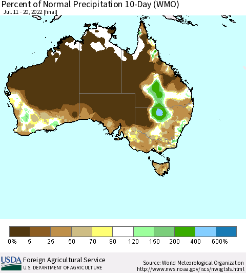 Australia Percent of Normal Precipitation 10-Day (WMO) Thematic Map For 7/11/2022 - 7/20/2022