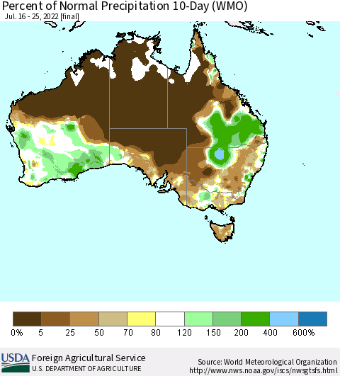 Australia Percent of Normal Precipitation 10-Day (WMO) Thematic Map For 7/16/2022 - 7/25/2022
