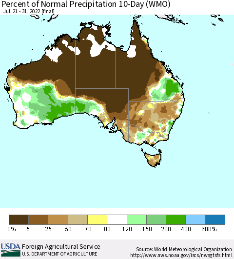 Australia Percent of Normal Precipitation 10-Day (WMO) Thematic Map For 7/21/2022 - 7/31/2022